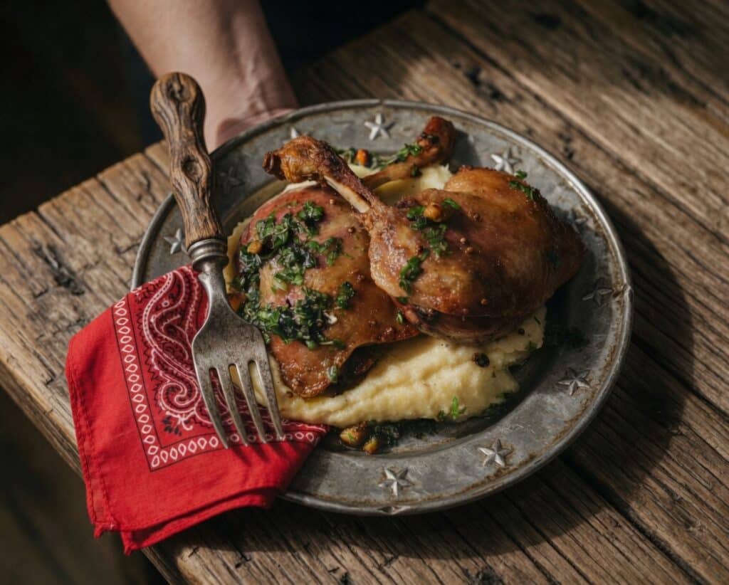 Crockpot Duck on a rustic plate looking really yummy!