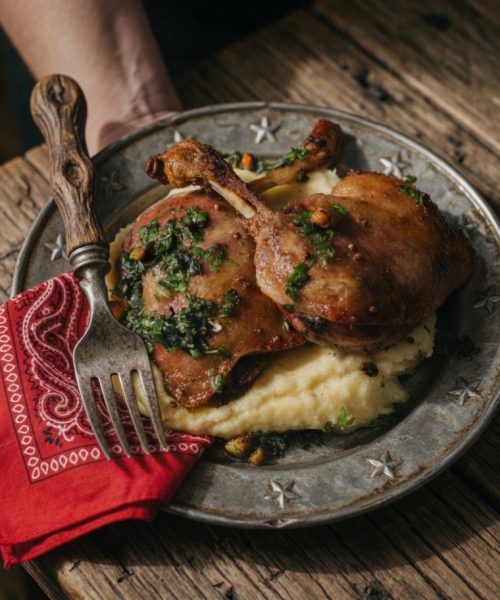 Crockpot Duck on a rustic plate looking really yummy!